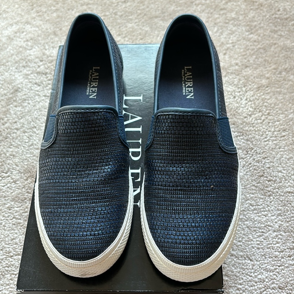 Ralph Lauren Navy Strip Texture Faux Straw Sneakers.
